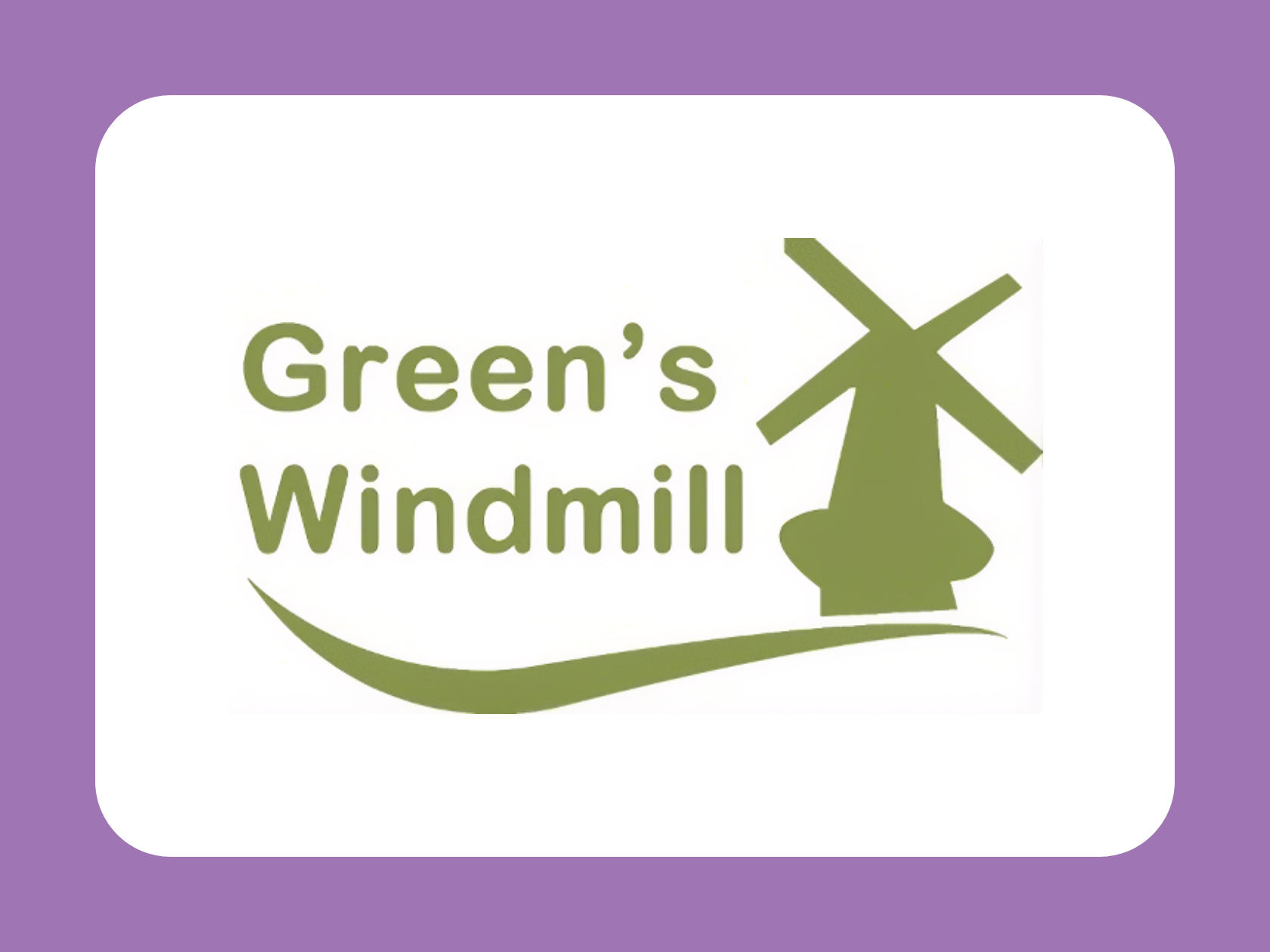 Logo with the text "Green's Windmill" beside a stylized windmill graphic on a purple background.