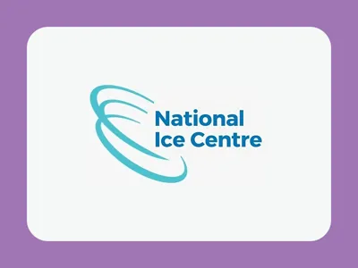 National Ice Centre logo with blue swirling lines on a white background and a purple border.