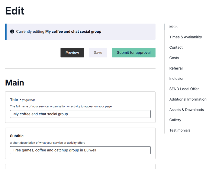 A web dashboard interface showing an edit page with fields for title and subtitle, and a side navigation menu.
