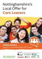 A title page for the 21 Plus Service brochure with 6 young people looking happy smiling for the camera