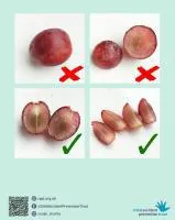 Images shows grapes cut incorrectly in half and cut correctly into quarters.