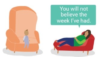 A parent lies on a couch saying, "You will not believe the week I’ve had," to a child acting as a therapist.