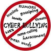 Red circle with a line through over the words Cyber Bullying