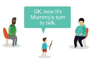A child holding a stick stands between two seated adults, saying, "OK, now it's Mummy's turn to talk."