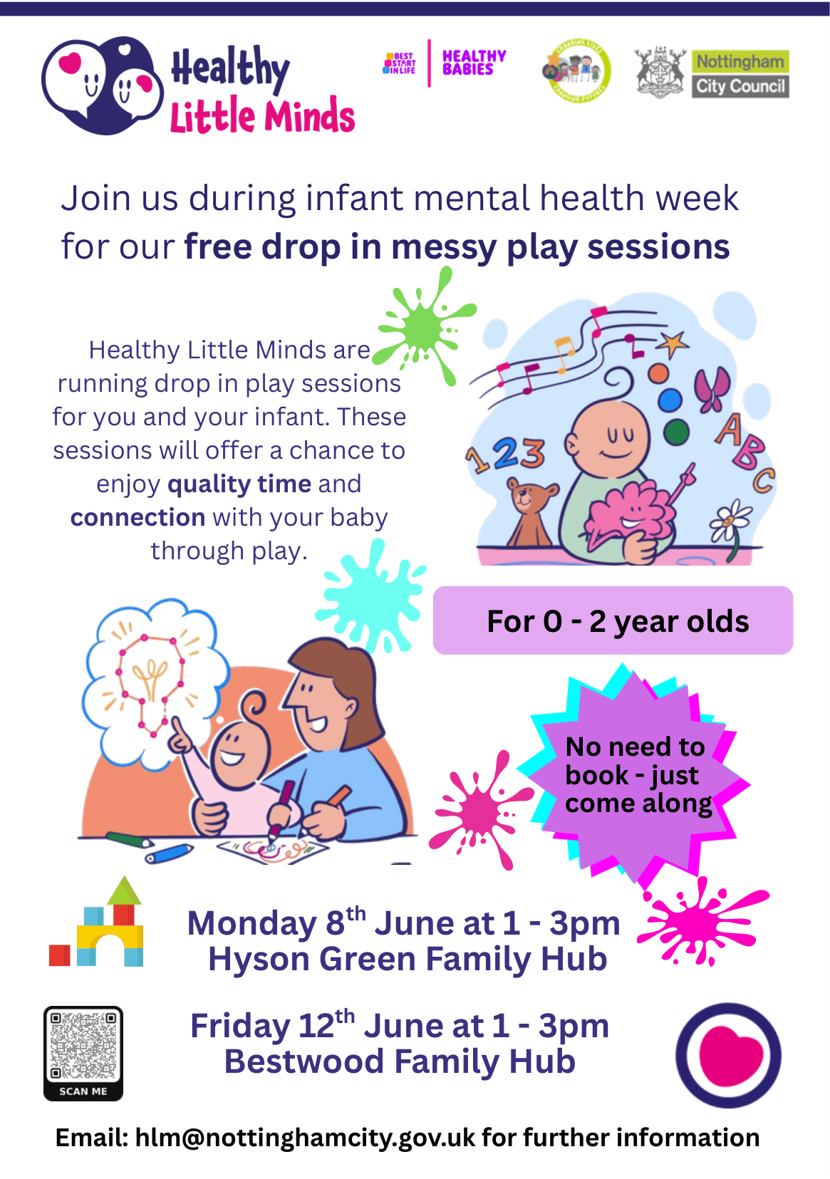 Flyer for free drop-in messy play sessions; same text contents as webpage