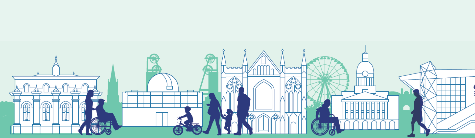 Nottinghamshire skyline with people in front walking