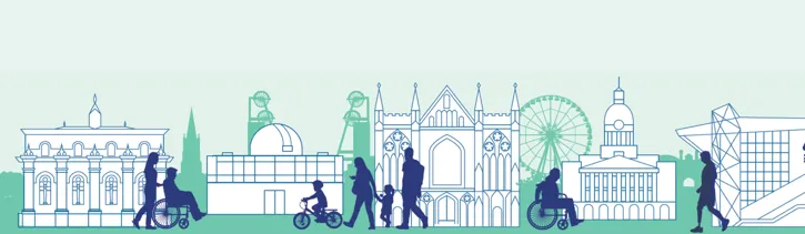 Nottinghamshire skyline with people in front walking