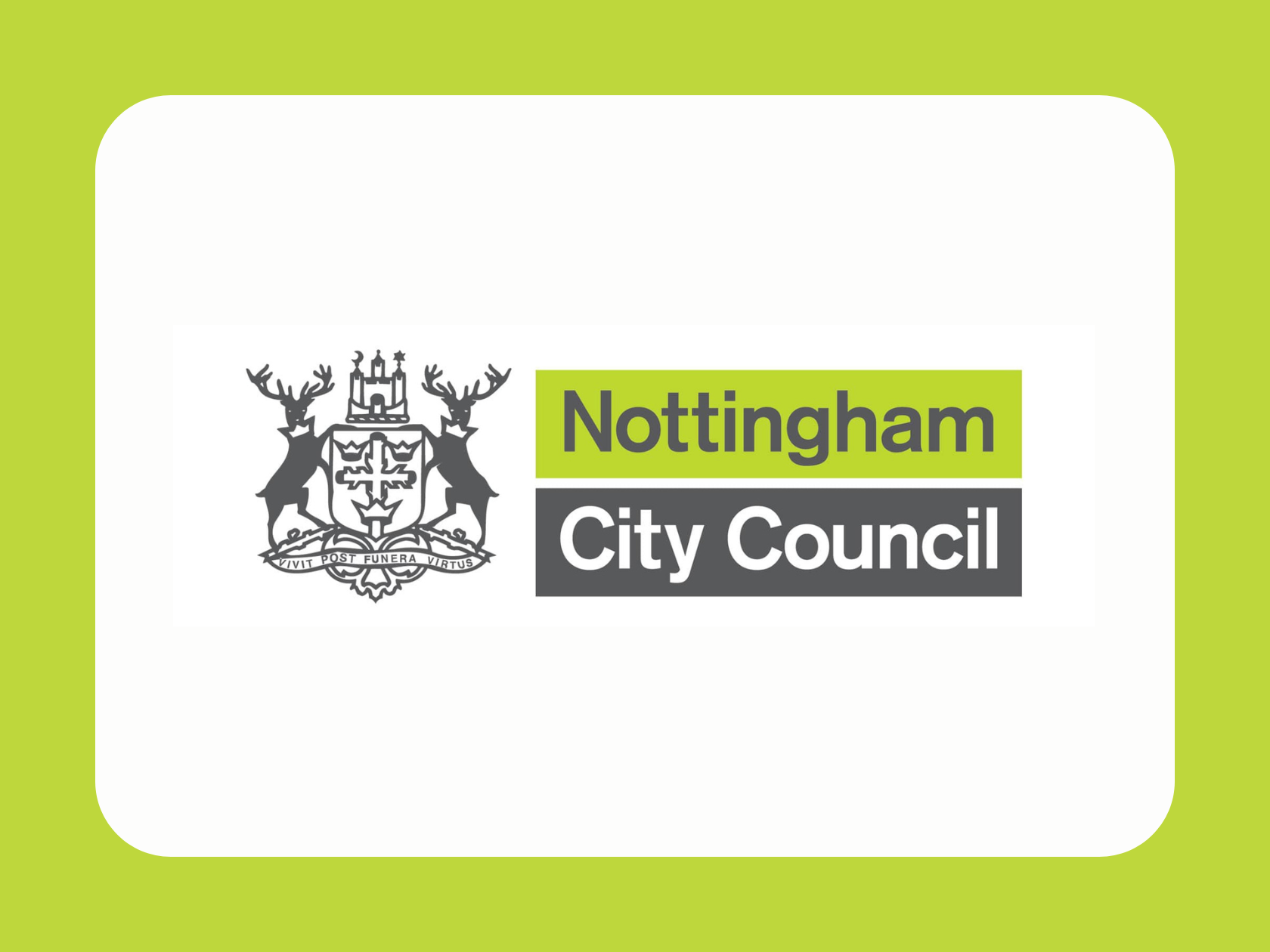 Nottingham City Council logo with a crest and highlighted text on a white background framed by lime green.