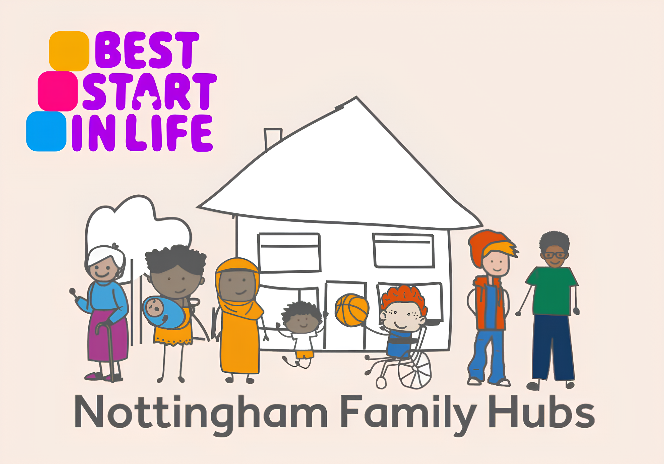 Cartoon family and children standing in front of a house with the text "Best Start in Life" and "Nottingham Family Hubs."