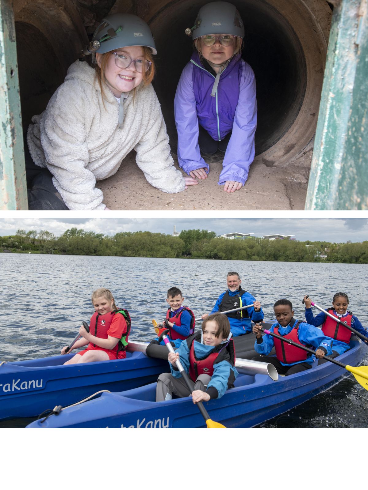 Photos of young people canoeing on Kingsmill reservoir and exploring tunnels at Millbase Adventure