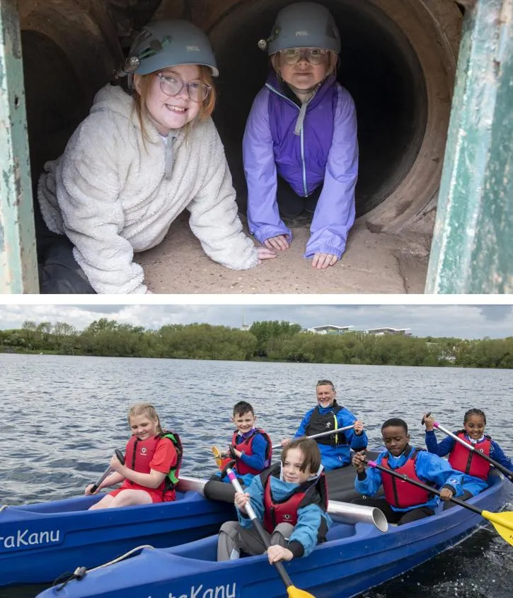 Photos of young people canoeing on Kingsmill reservoir and exploring tunnels at Millbase Adventure