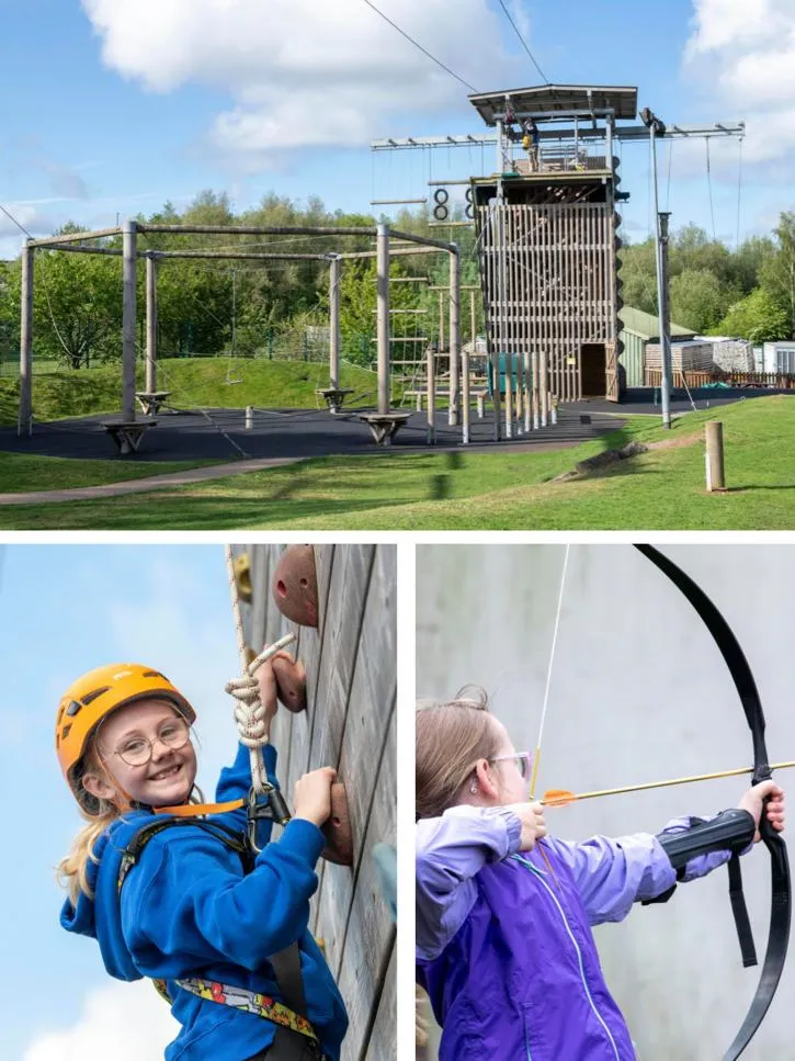 Image of young person taking part in archery and climbing wall