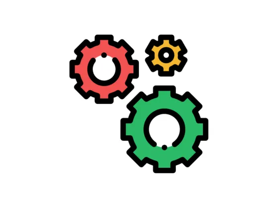 Green, red and yellow cog wheels in decreasing size