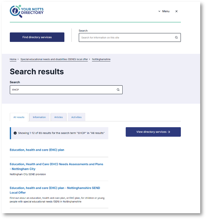 Screen shot of search function