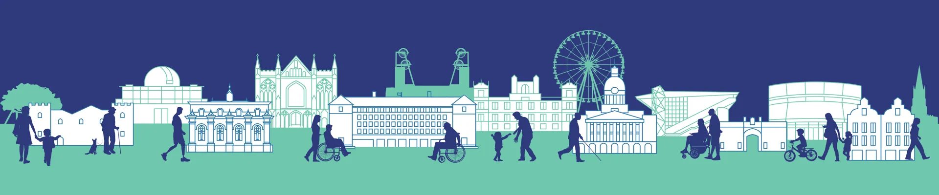 Stylised skyline illustration showing landmark buildings with silhouettes of people