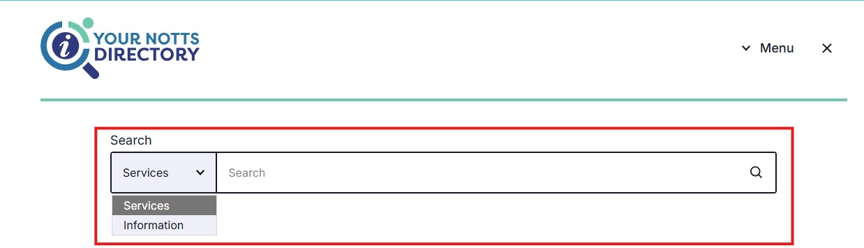 Your Notts Directory search bar drop down showing the two options Services or Information.