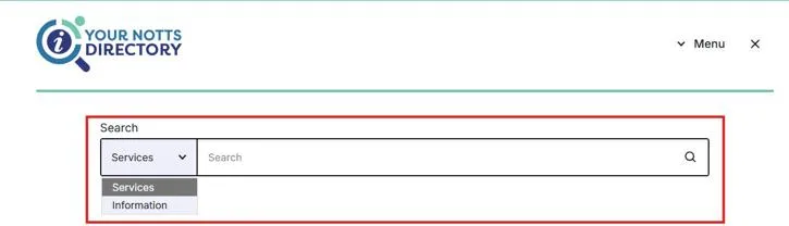 Your Notts Directory search bar drop down showing the two options Services or Information.