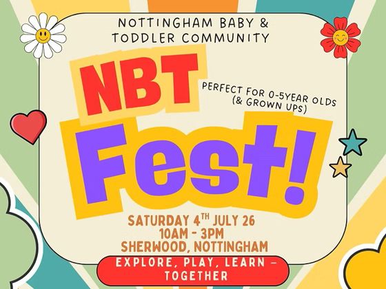 Colorful flyer for "NBT Fest!" with event details: October 4, 4-7 pm, Commons Auditorium, featuring food, play, crafts, and raffles.