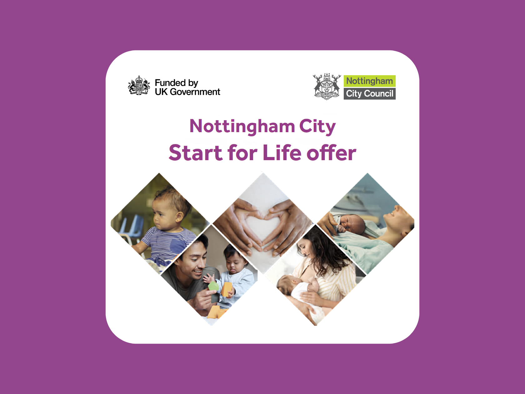 Nottingham City Start for Life offer logo with images of families and children in diamond shapes on a purple background.