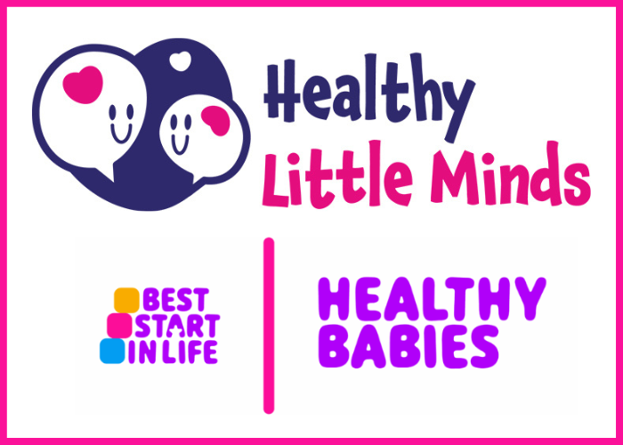 Two smiling faces in speech bubbles above the text Healthy Little Minds, Best Start in Life, and Healthy Babies.