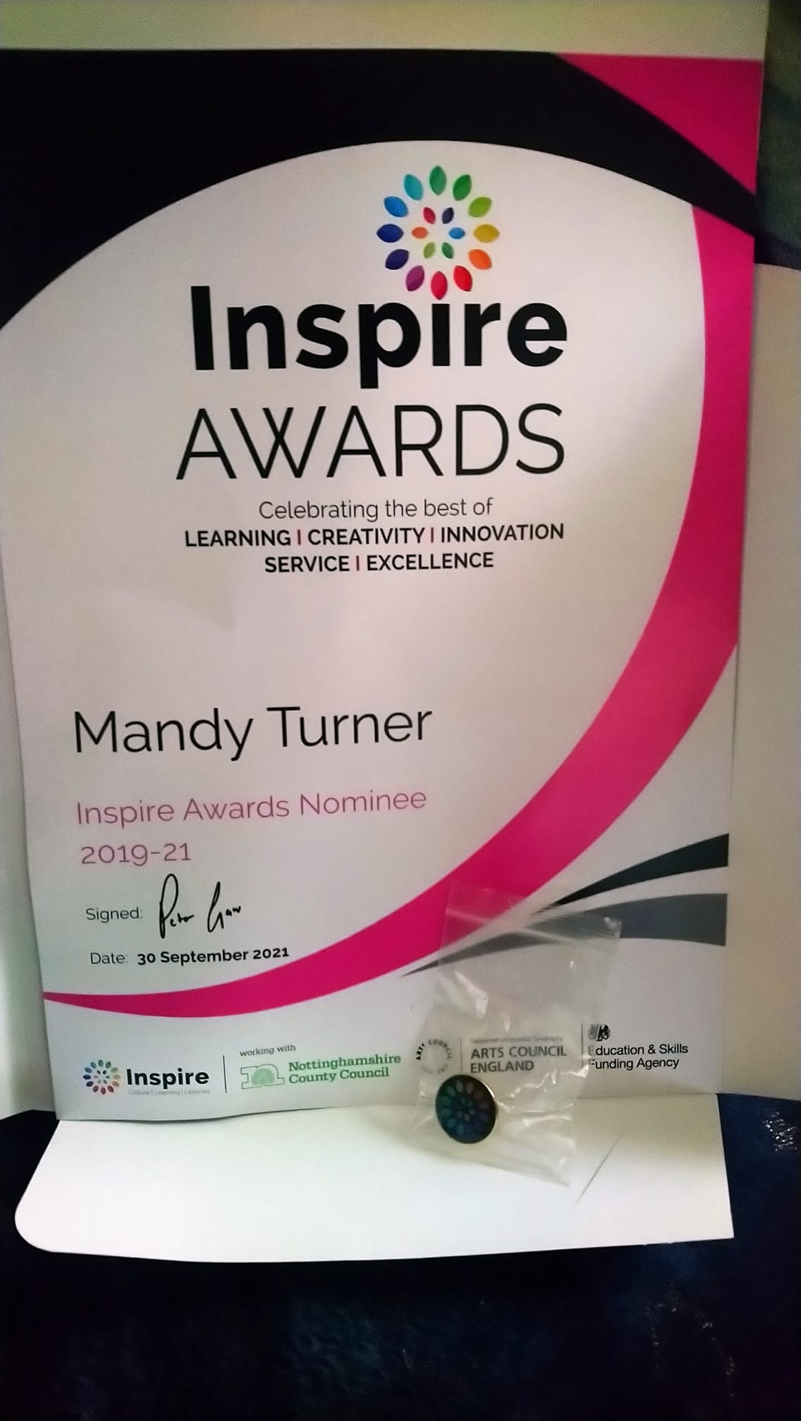Inspire Awards - Tutor of the year Nominee certificate