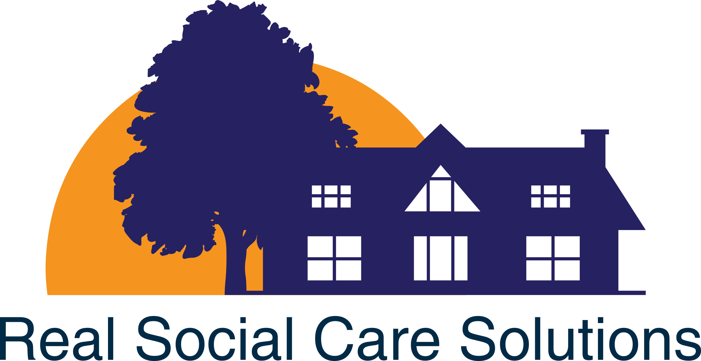 Logo: Blue house and tree with orange sun behind with text Real Social Care Solutions