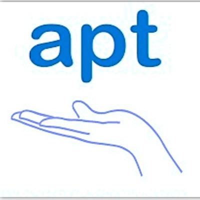 Logo: Outline of hand holding the letters apt