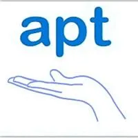 Logo: Outline of hand holding the letters apt