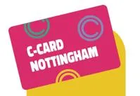 Pink credit card shape with text c-card Nottingham