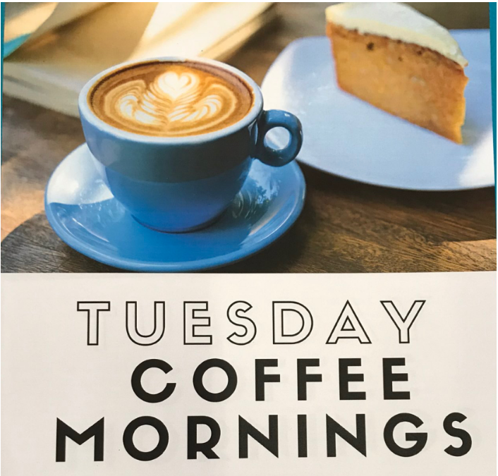 Picture of coffee and cake with text Tuesday coffee mornings