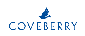 Logo: blue bird flying above the word Coveberry
