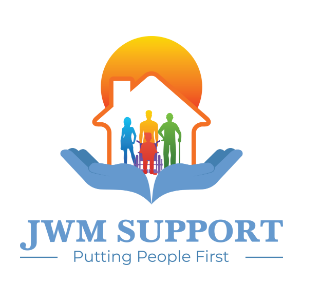 Logo: Hands holding house with people inside and sun behind, text below says JWM Support, Putting people first