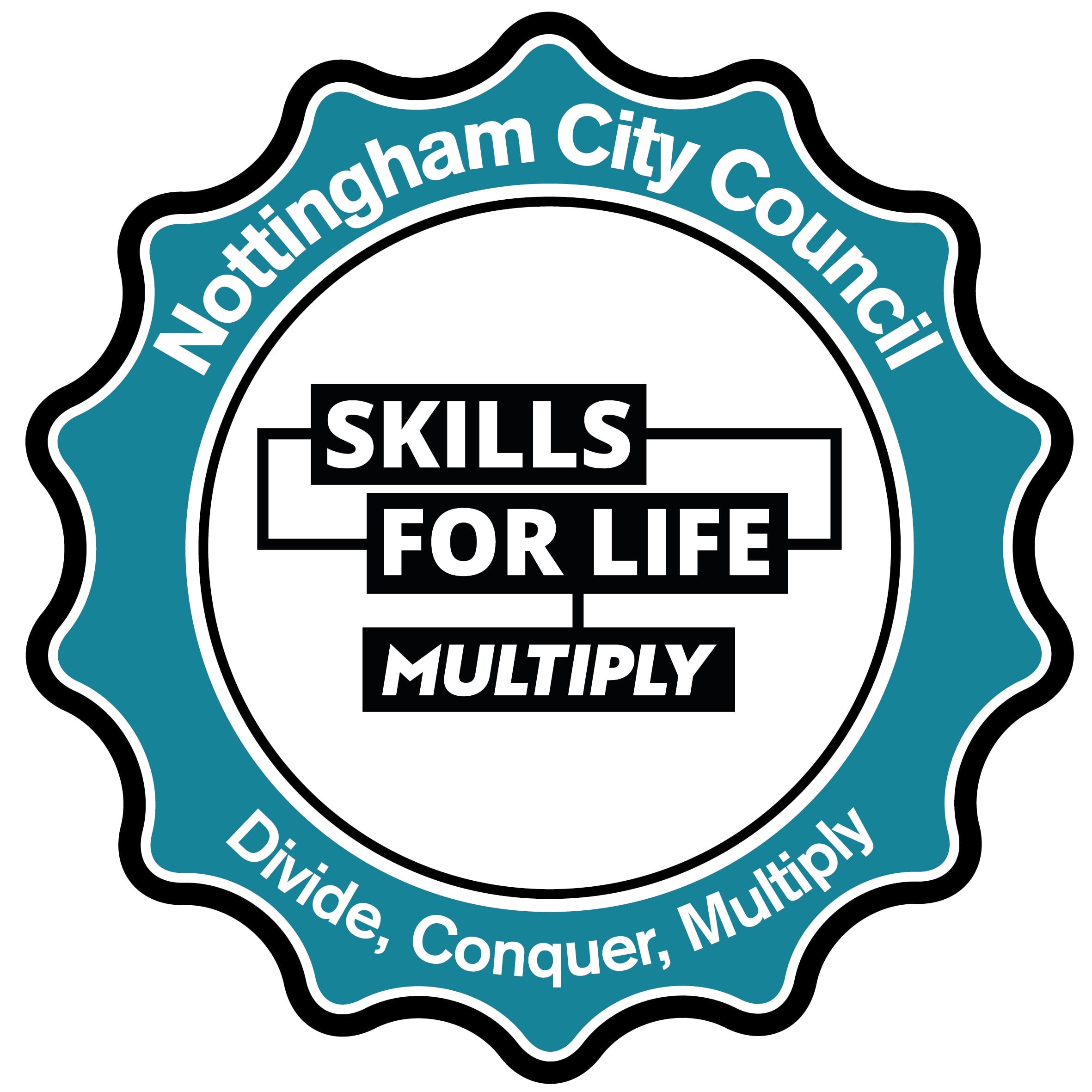Logo: Text Nottingham City Council, Skills For Life, Multiply, Divide, Conquer, Multiply