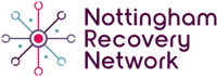 The image shows the logo of Nottingham Recovery Network. The logo consists of a central red circle with six lines extending outward, each ending in a circular shape with smaller circles attached to them, resembling a molecular structure. To the right of this design, the text "Nottingham Recovery Network" is written in bold, dark purple letters.