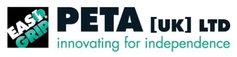 Peta Easi Grip in Aqua and white running diagonally left to right across a black square. The white i in Easi is being gripped by an aqua stylised hand.