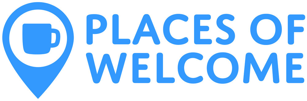 Places of welcome logo Blue mug inside a blue location pointer icon,