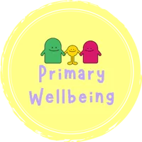 Pale Yellow circle containing three cartoon characters holding hands in green, yellow and red above the words Primary Wellbeing in mauve