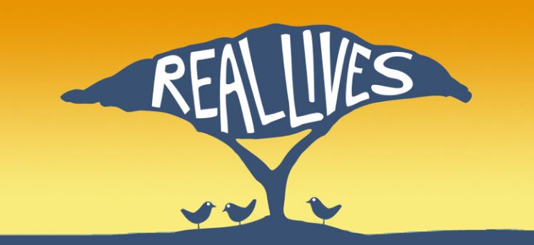 Logo: Tree and birds with text Real Lives inside