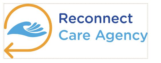Logo: Blue hand with orange arrow around it with text Reconnect Care Agency