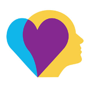 Symbol of a blue heart overlapping a yellow head facing to the right where the two shapes overlap the images are Purple.