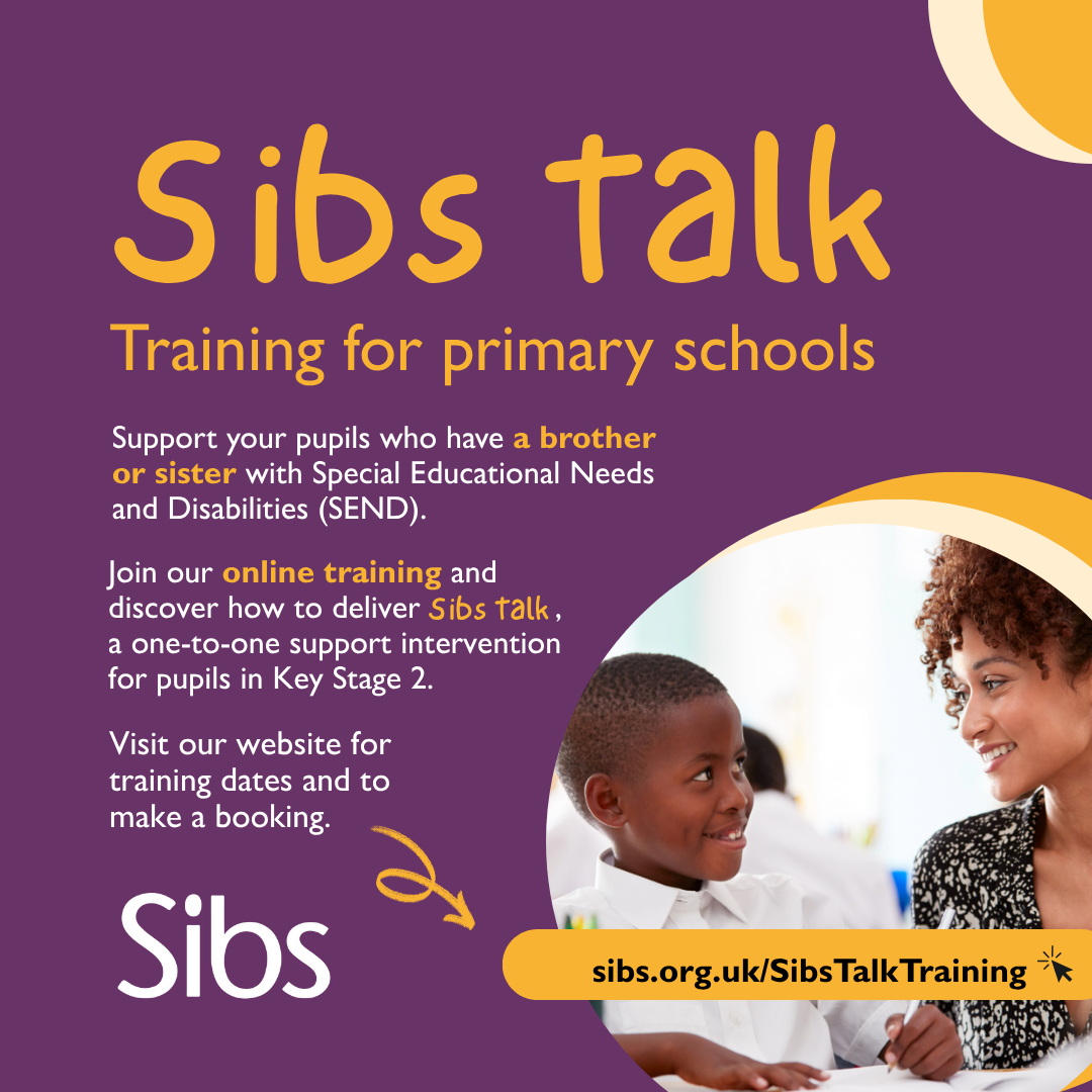 Sibs Talk training flyer in yellow and purple