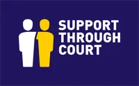 Logo: White and yellow person icons with text support through court
