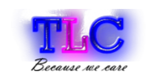 Logo- TLC in blue and pink neon with text Because we care below