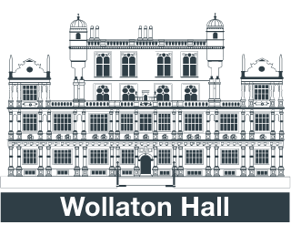 Logo, line drawing of building with text Wollaton Hall below