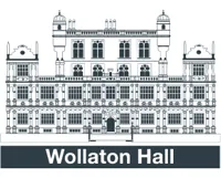 Logo, line drawing of building with text Wollaton Hall below