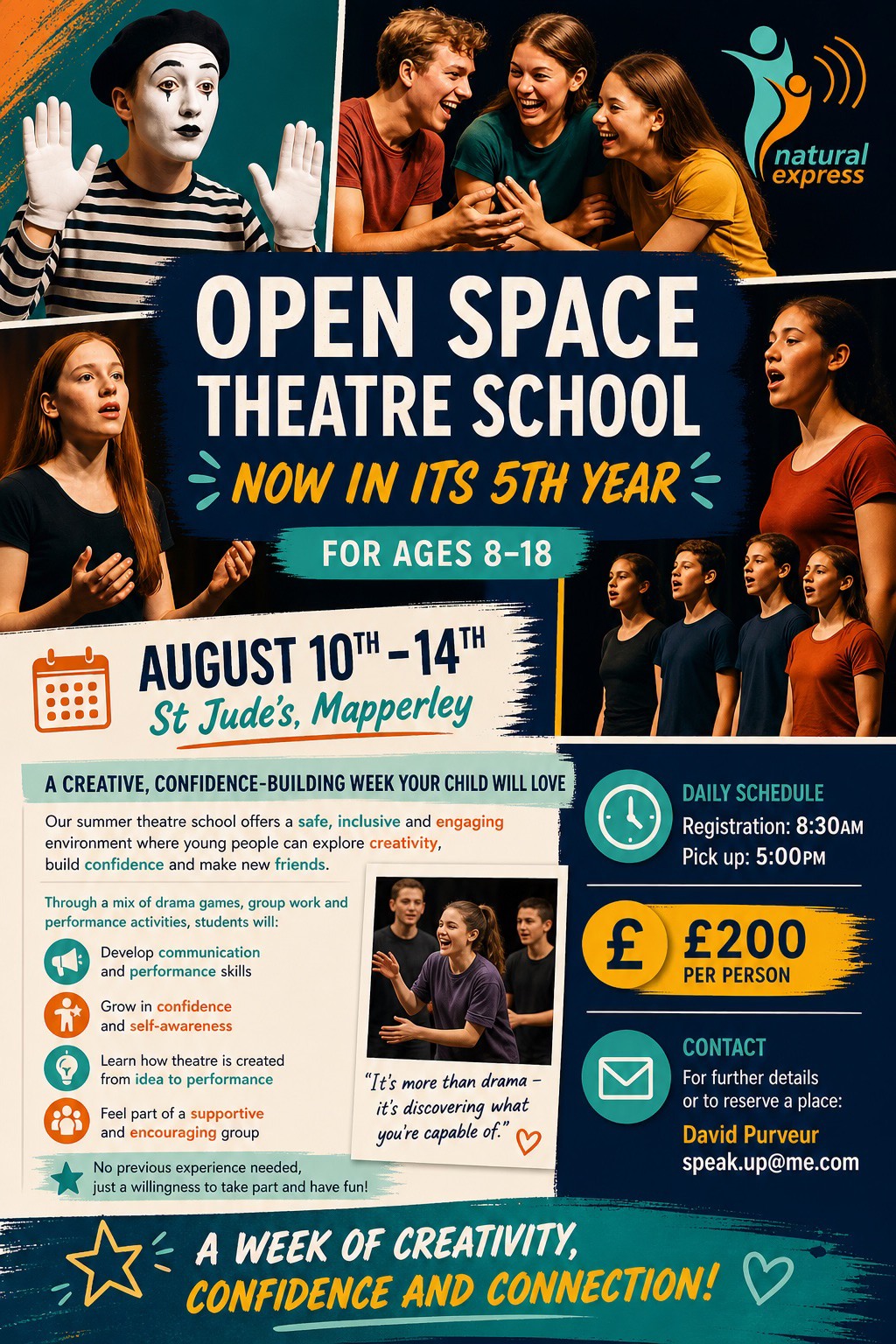 Flyer for Open Space Theatre School summer camp, with dates, activities, contact info, and photos of children and instructors performing.