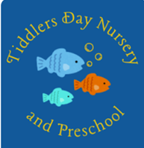 Tiddlers Day Nursery and Preschool text written in a circle on a blue background and 3 different sized fish in centre